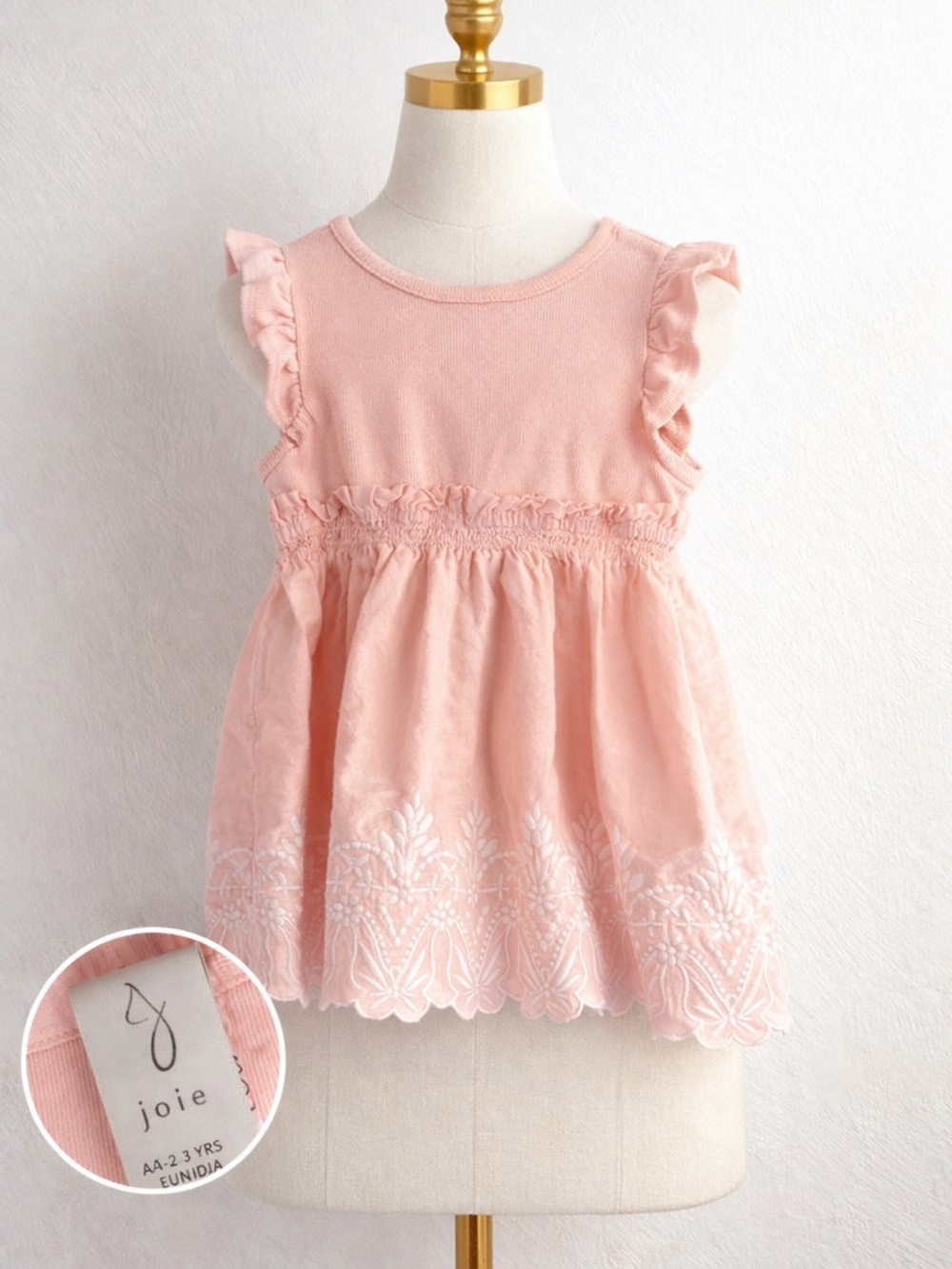 Joie Toddler Pink Embroidered Dress 2T 3T Ruffle Sleeve Smocked Waist Boho